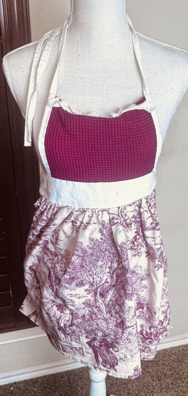 Vintage Bib Apron Red White toile Cottagecore Pinafore Ruffles MCM Tradwife